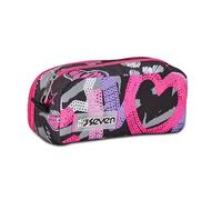 Seven Portalápices escolar con 2 cremalleras, negro fucsia, Draft Heart, bolsita doble compartimento con organizador, bolsillos y gomas porta bolígrafos, accesorios mochila, medianos, superiores, niña