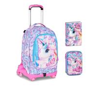 Seven Sj Jack - Trolley escolar con 8 ruedas y mochila desmontable - Glow Led Unicornio, 3 en 1 para escuela primaria niña + estuche speed pad 3D + Diario 2026/2027