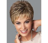 SEVENCOLORS Pelucas cortas de color marrón oscuro mezclado con rubio pixie para mujer, pelucas sintéticas con reflejos en capas con flequillo, peluca de repuesto de cabello natural