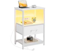 Seventable Mesita de Noche con LED y Tomacorriente, Mueble Nocturno Moderno con Espacio de Almacenamiento, Fácil de Montar, Mesa Auxiliar para Sala de Estar, Dormitorio y Espacios Pequeños, Blanco