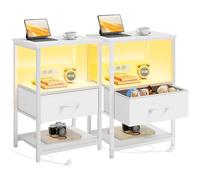 Seventable Mesita de Noche con LED y Tomacorriente, Mueble Nocturno Moderno con Espacio de Almacenamiento, Fácil de Montar, Mesa Auxiliar para Sala de Estar, Dormitorio y Espacios Pequeños (2, Blanco)