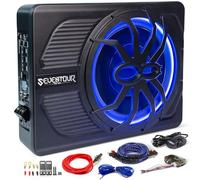 Seventour Subwoofer delgado de 10 pulgadas y 800 W para debajo del asiento, subamplificador de audio integrado para coche/camión, nueva actualización con luz ambiental LED azul