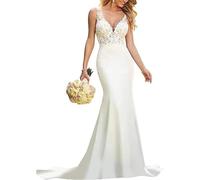 SEVENYXX Vestido de Novia de Encaje Femenino Vestido de Novia de Sirena Vestido de Novia de Cuello V Traje Civil Expuesto, Blanco, 42