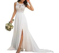 SEVENYXX Vestido de Novia de Encaje Retro Vestido de Novia Bohemio Largo Vestido de Novia sin Mangas, Blanco, 36