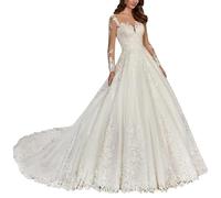 SEVENYXX Vestido de Novia de Encaje Vestido de Novia de Manga Larga de Letra a Vestido de Novia Civil de Princesa, Marfil, 50