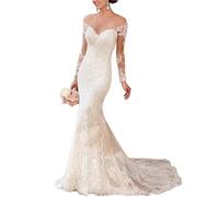 SEVENYXX Vestido de Novia de Manga Larga, Vestido de Novia de Encaje de Sirena, Vestido de Novia de Espalda Abierta, Marfil, 38