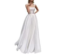 SEVENYXX Vestido de Novia de Satén Vestido de Novia Largo de Letra a Vestido de Novia sin Mangas, Blanco, 36