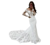 SEVENYXX Vestido de Novia de Sirena de Manga Larga Vestido de Novia Civil Vestido de Novia de Tul Vestido de Novia, Blanco, 48