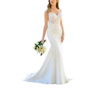 SEVENYXX Vestido de Novia de Sirena de Mujer Vestido de Novia de Flores Largas Registro de Encaje Elegante Vestido de Novia, Marfil, 46