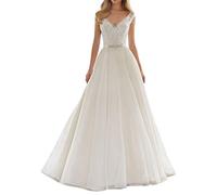 SEVENYXX Vestido de Novia Vestido de Novia Mujer Letra a Encaje de Novia Cuello V, Blanco, 38