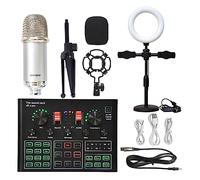 SEVEQIS Podcast Kit, Paquete de micrófono de Condensador de Estudio Profesional Kit de micrófono WXH1000 con Tarjeta de Sonido en Vivo Karaoke inalámbrico(White BM900 LED)