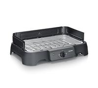 Severin Barbacoa eléctrica, 2000 W, temperatura de 35 a 200 °C, 38 x 22 cm, parrilla de acero inoxidable, protector contra viento y bandeja recogemigas, para interior y exterior, Negro, PG 8593