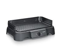 Severin Barbacoa eléctrica, 2000 W, temperatura de 40 a 220 °C, 39 x 23 cm, plancha con revestimiento cerámico sin PFAS, protector contra viento, bandeja extraíble, interior y exterior, Negro, PG 8595