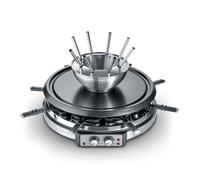 SEVERIN Combinación de Raclette-Fondue, 8 sartenes antiadherente, 1900 W, Dos elementos calefactores ajustables por separado. Color: Acero inoxidable cepillado / Negro RG 2348