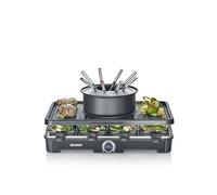 SEVERIN Combinación fondue/raclette para 8 personas, parrilla 2 en 1, revestimiento antiadherente, incluye 8 sartenes, raspadores y tenedores para fondue, apto para lavavajillas, RG 2347