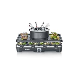 SEVERIN Combinación fondue/raclette para 8 personas, parrilla 2 en 1, revestimiento antiadherente, incluye 8 sartenes, raspadores y tenedores para fondue, apto para lavavajillas, RG 2347