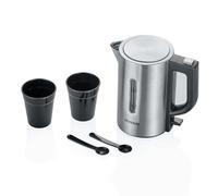 SEVERIN - Hervidor de agua de viaje, 0.5 L, 1.100 W, tensión conmutable 115/230 voltios, 2 tazas de plástico y 2 cucharas, Acero Inoxidable Cepillado, Negro WK 3647