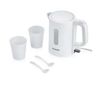 SEVERIN Juego de tetera de viaje, de 0.5 l con voltaje conmutable (115/230 V), tetera eléctrica con 2 vasos de plástico y 2 cucharas, blanco, WK 3462