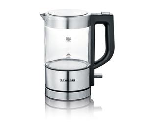 SEVERIN - Mini hervidor de agua 0,5 l, jarra eléctrica de cristal pequeña con filtro antical lavable, base de 360° giratoria y inalámbrica, libre de BPA, acero inoxidable, 1100 W, WK 3472