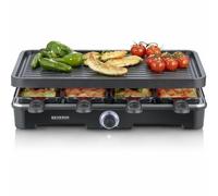 SEVERIN Raclette Grill, Raclette con plancha grande, revestimiento cerámico y antiadherente, 8 sartenes para raclette y 8 espátulas, grill de mesa para hasta 8 personas, 1.400 W negro, RG 9670