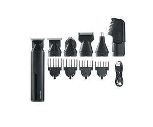 Severin Set multifunción de cuidado personal para hombre 6 en 1, cortapelo, recortadora de barba, vello nasal y corporal, impermeable, inalámbrico, 90 min, longitud de corte variable, negro, HS 0710