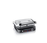 SEVERIN SEVINI PRO - Parrilla eléctrica y grill de contacto sobremesa, con 7 programas automáticos, plancha sandwichera antiadherente, de mesa con bandeja recogegrasas, Negro/Plateado,1800 W KG 2395