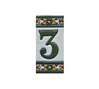 Sevillia Verde, azulejos de número de casa de cerámica pintados a mano que miden 11 × 5,5 cm. (azulejo del número 3)
