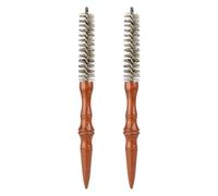 SEWACC 2 cepillos pequeños redondos para cabello corto con mango de madera y cerdas de jabalí (marrón oscuro). Mini cepillo para secar, peinar y rizar.