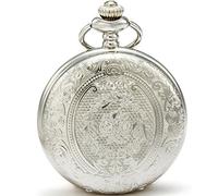 SEWOR clásico tallada Shell Dial Movimiento de cuarzo japonés reloj de bolsillo con cadena de moda doble (Metal y piel) (Plata)