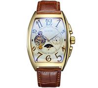 SEWOR de Lujo para Hombre Tourbillon Fase de la Luna automático mecánico Banda de Cuero Reloj de Pulsera Cristal Azul (Oro marrón 2)