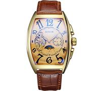 SEWOR de Lujo para Hombre Tourbillon Fase de la Luna automático mecánico Banda de Cuero Reloj de Pulsera Cristal Azul (Oro marrón)