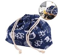 Sewroro Bolsa de Almuerzo Japonesa de Algodón y Lino Doble Capa Gruesa con Cordón Ajustable Bolsa Bento Portátil para Picnic Oficina y Uso Diario Diseño Azul con Gato Blanco