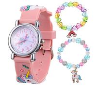 Sewroro Conjunto de Reloj y Pulsera y Color Rosa para Niñas Diseño de Unicornio y en Silicona y Resina, Cómodo Adecuado para Cumpleaños y Navidad