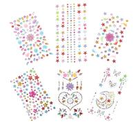 Sewroro Pegatinas de Gemas de Imitación Faciales y Corporales para 6 Láminas Gemas Adhesivas Acrílicas Coloridas Diseño Surtido Alas Delfín Estrella Corazón Luna Flor Joyas