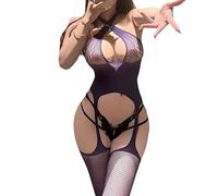 Sexy Bodystocking Catsuit Body Lencería Malla Body Body con Cuello Cruzado sin Costuras Bodystocking Catsuit Sexy Lencería Traje de Tirantes Traje Erótico Bodystockings para Mujer, morado, Talla única