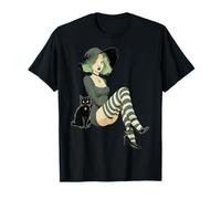 Sexy Bruja Pelo Verde Negro Blanco Rayas Medias Halloween Camiseta
