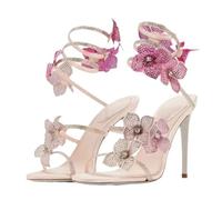 Sexy Crystal Flower Thin High Heels Women Sandals Street Style Narrow Band Ankle Strap Pole Dancing Ladies Shoes(Dark Khaki,39)