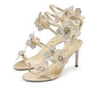 Sexy Crystal Flower Thin High Heels Women Sandals Street Style Narrow Band Ankle Strap Pole Dancing Ladies Shoes(Wine Red,35)