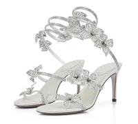 Sexy Crystal Flower Thin High Heels Women Sandals Street Style Narrow Band Ankle Strap Pole Dancing Ladies Shoes(Deep Purple,39)