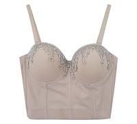 Sexy Deep V con forma de incrustaciones sexy Hot Girl Night Club Top, beige, XL