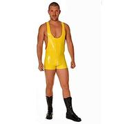 Sexy Hombres Negro Látex Catsuit Mono De Goma Chaleco Sin Mangas Con Cremallera En La Entrepierna,Amarillo,S