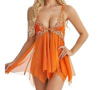 Sexy Lingerie Women for Sex Lace Hem Irregular Front Split Sling Dress Funny Underwear(Orange,XXL)