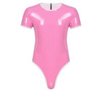 Sexy Mens Brillante Pantent De Cuero Lencería Body De Manga Corta Pulsar Botón De La Entrepierna Mono Fiesta Catsuit Clubwear, Rosa, L