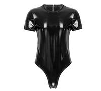 Sexy Mens Brillante Pantent De Cuero Lencería Body De Manga Corta Pulsar Botón De La Entrepierna Mono Fiesta Catsuit Clubwear, Negro, XXXL