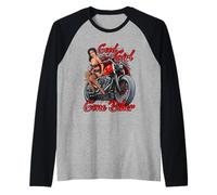 Sexy Motocicleta Biker Babe Esposa Vieja Dama Buena Chica Pin Up Camiseta Manga Raglan