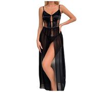 Sexy Negligee Mujer Malla Fina Elegante Lencería con Tanga Espaguetis Tirantes Cuello en V Camisón Elegante Largo Vestido con Alta Ranura Mujeres Sling Perspectiva Vestido de Noche Sexy Erótico