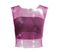 Sexy Rhinestone Mesh Tanktops para mujer, camiseta corta transparente estampada para mujer, Rosa intenso., S