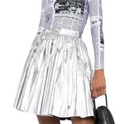 Sexy Silver Shiny Reflective Pleated Skirt Women Dancing Costumes High Waist A Line Skirts Para el Trabajo, la Escuela y La Playa(XL)