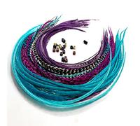 Sexy Sparkles - Extensiones de pelo con plumas 100 % de plumas reales, color morado, morado, azul, 20 plumas con 20 cuentas y kit de herramientas de lazo