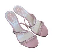 Sexy Women Sandals Thin Heel Rhinestone High Heels Open Toe Backless Slippers Fairy Style(Pink(6cm),36)